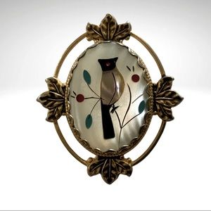 Vintage Inlaid Brooch with Cardinal Costume Jewelry
